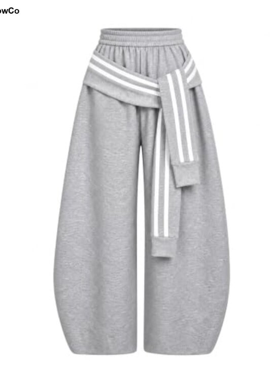 Pants - Women's Wide Leg Sweatpants High Waisted Barrel Baggy Tie Waist Cotton Blend